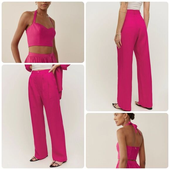 Reformation 2 Pc Set -Vesta Pant and Orzo Linen Smocked Halter Top in Corvette - Picture 4 of 11